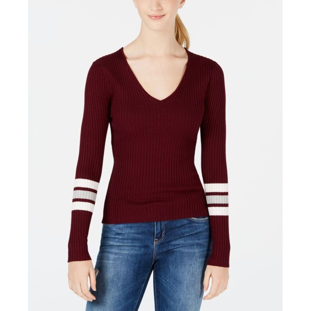Hooked Up By Iot Juniors Lace Up Varsity Stripe Sweater